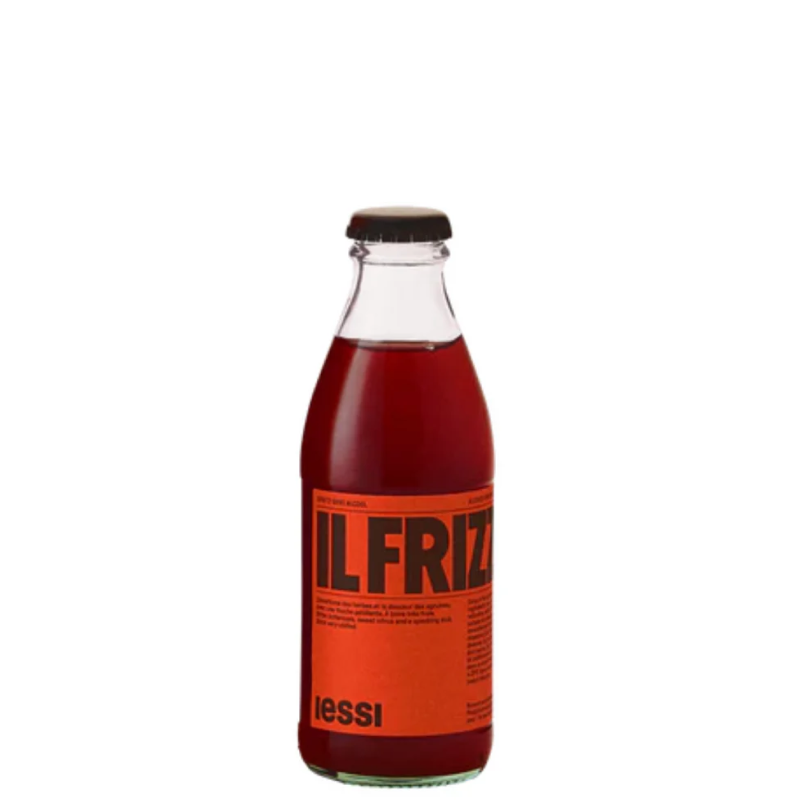 Glass bottle with red liquid and orange label on a white background